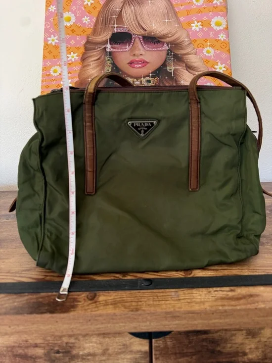 Prada Olive Green Nylon Tote with Brown Leather Trim. - Picture 5 of 9